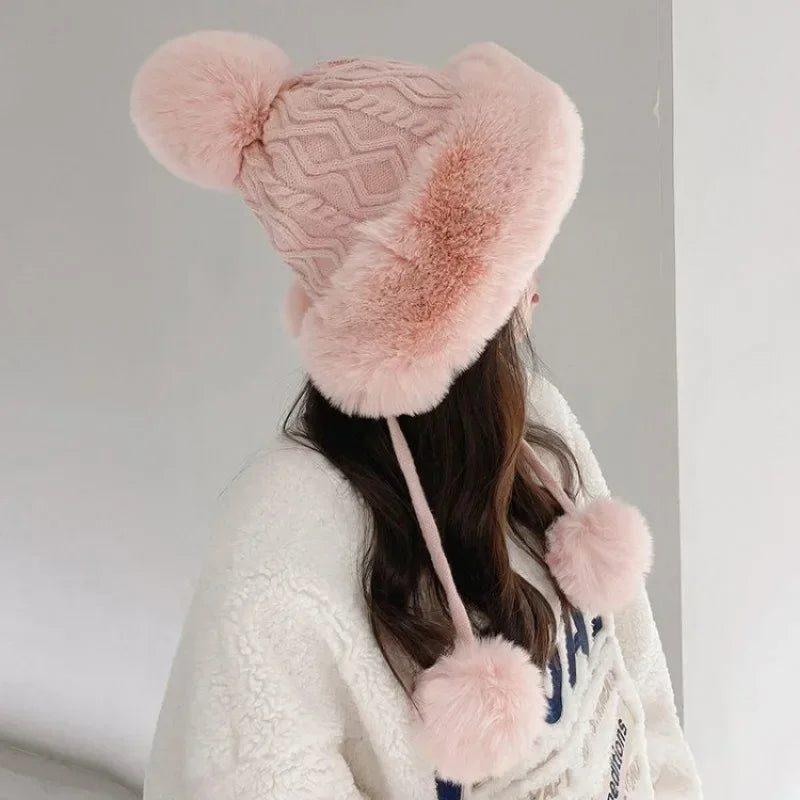 Amoura Elegance Women’s Imitation Rabbit Fur Thermal Winter Hat – Cute Thick White Plush Hat with Fluffy Ball and Earflaps