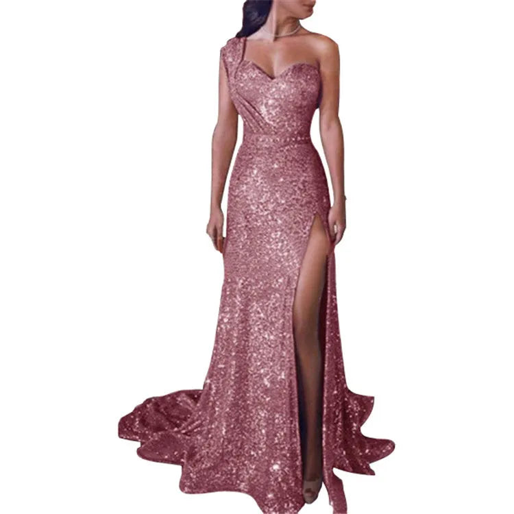 Amoura Elegance European & American Women's Sexy One-Shoulder Sleeveless Gold Slit Long Dress