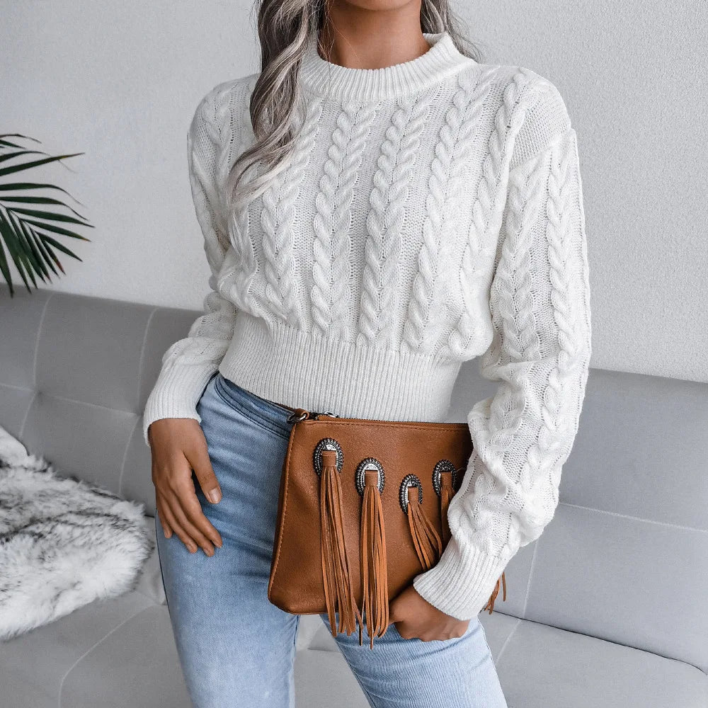 Amoura Elegance Women’s 2024 Autumn/Winter Twist Knitted Pullover – Solid Color Crew Neck, Long-Sleeve Sexy Babes Waist-Fitting Sweater
