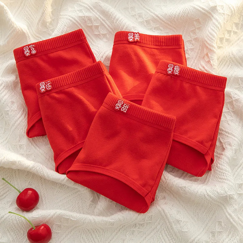 5-Piece Women's Cotton Underwear Set - Breathable Red Panties, Solid Color Sexy Intimates from Amoura Elegance