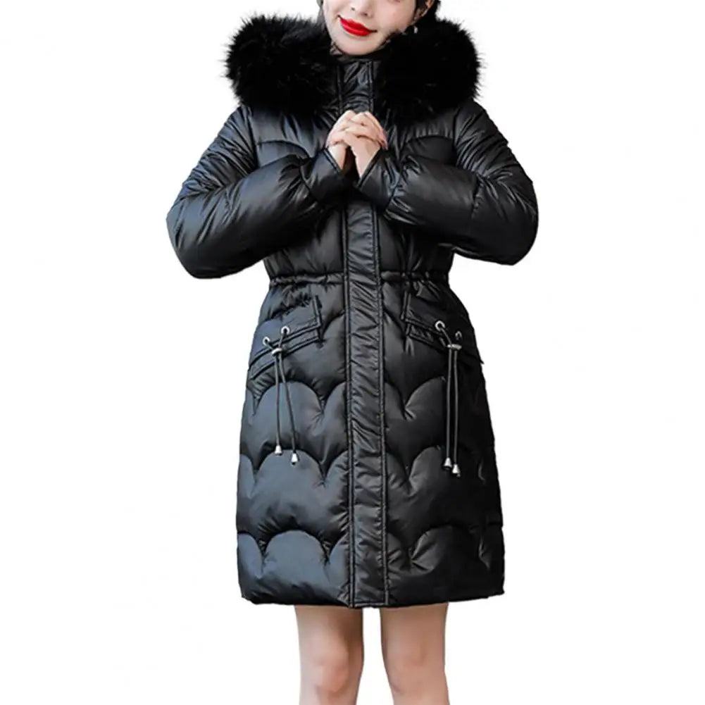 "Amoura Elegance Women's Winter Cotton Coat – Thickened Padded Faux Fur Hooded Mid-Length Slim Fit Windproof Outerwear for Cold Weather Comfort"