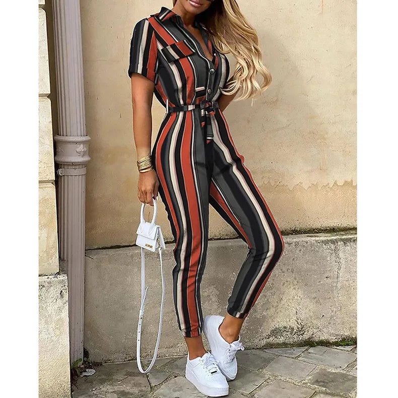 Amoura Elegance European & American Women's Casual Lapel Buckle Printed Belt Cargo Jumpsuit – Stylish Utility Fashion