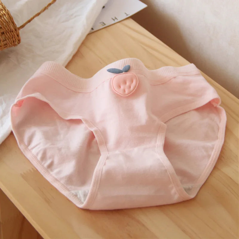 Amoura Elegance 5-Piece Women's Cotton Panties Set - Cute Peach Strawberry Design, Breathable Mid-Waist Briefs