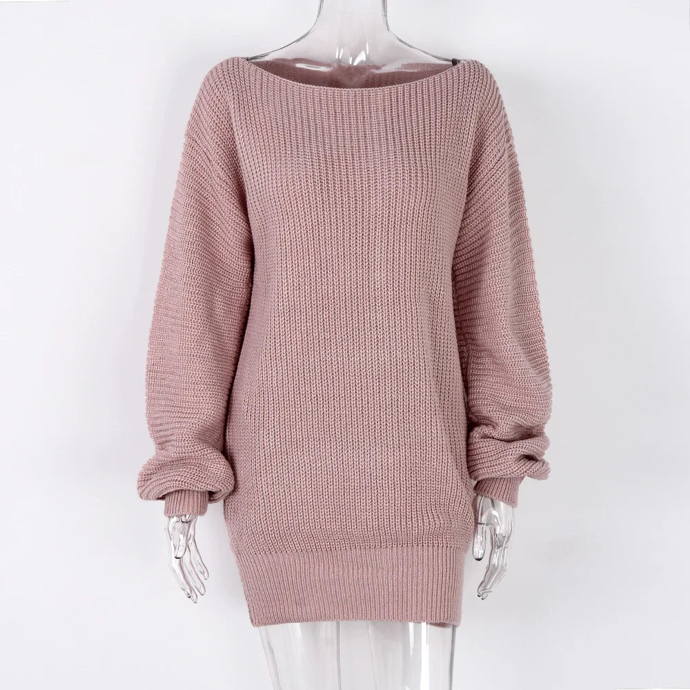 "Amoura Elegance Women's Autumn/Winter Long-Sleeved Line Neck Casual Loose Sweater Dress – Stylish & Comfortable for Everyday Wear"