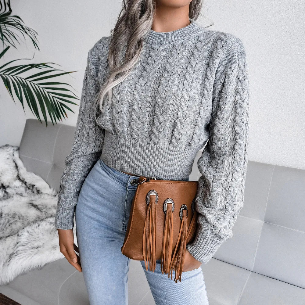 Amoura Elegance Women’s 2024 Autumn/Winter Twist Knitted Pullover – Solid Color Crew Neck, Long-Sleeve Sexy Babes Waist-Fitting Sweater