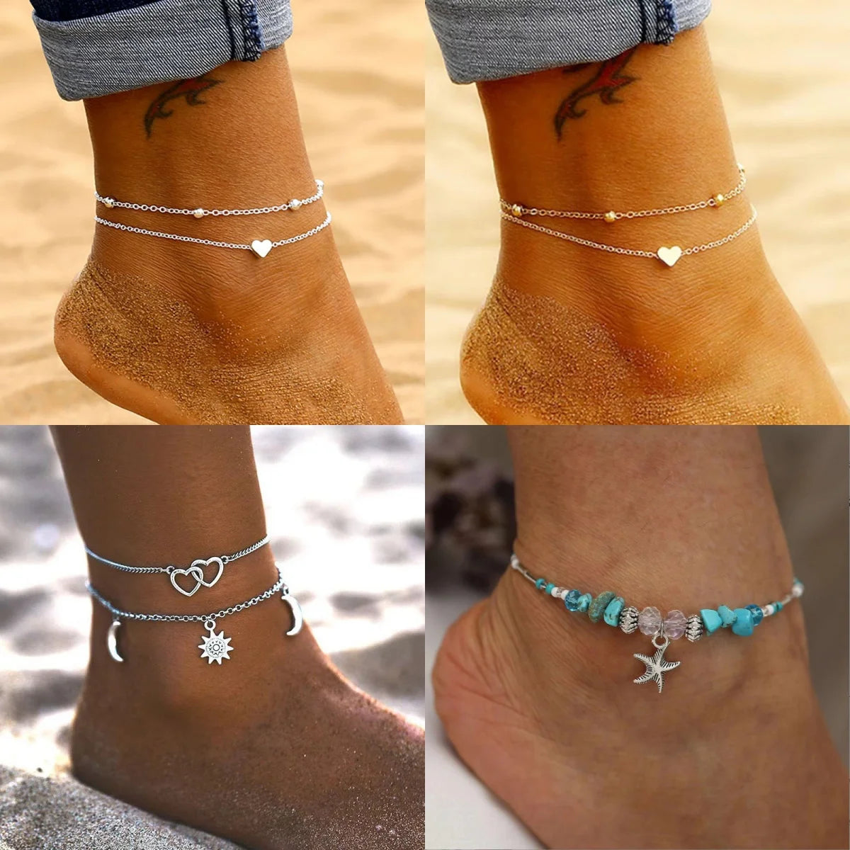 "AmouraElegance Love Personality Double Layered Bohemian Heart Anklet for Women | Summer Beach Ankle Bracelet & Foot Jewelry"