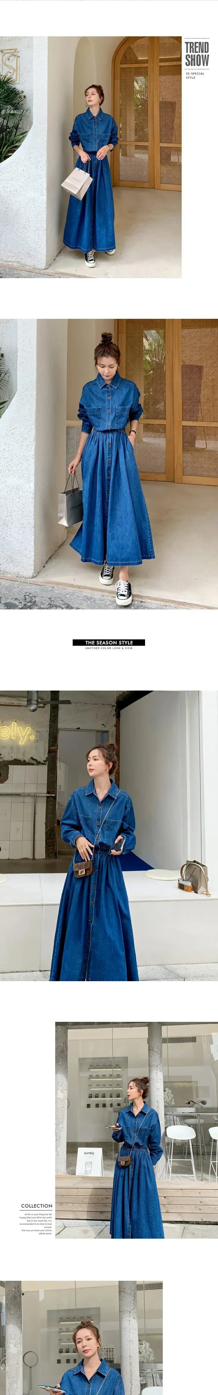 Amoura Elegance Blue Denim Vintage Long Dress – Korean Fashion Autumn Single-Breasted Loose Streetwear