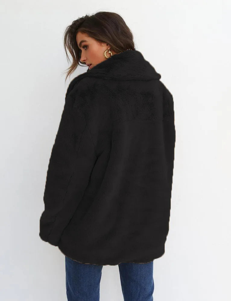 "Amoura Elegance Women's Plush Lapel Slim-Fit Jacket – European & American Fashion Sexy Autumn/Winter Outerwear for Stylish Comfort"