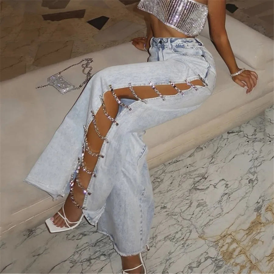 Amoura Elegance Women's Crystal Chain Y2K Wide Leg Baggy Jeans – High Waist Hollow Out Denim Trousers with Side Split