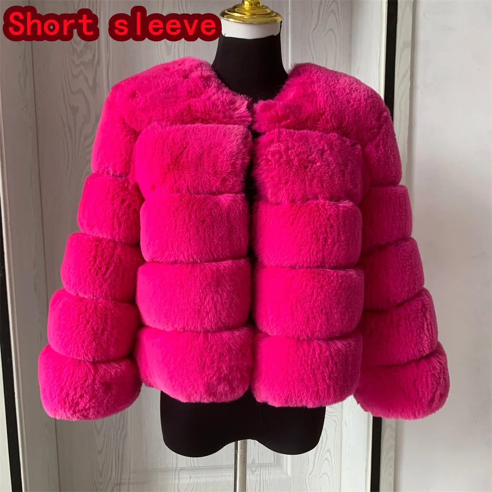 Amoura Elegance Women's Faux Fur Coat – Short Fluffy Jacket, High-Quality Faux Fox Fur, Stylish Winter Warmth Shor Sleeve( 50 cm)