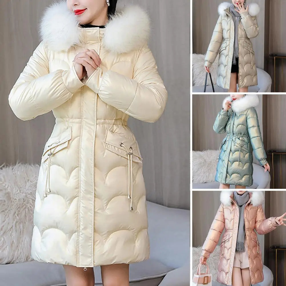 "Amoura Elegance Women's Winter Cotton Coat – Thickened Padded Faux Fur Hooded Mid-Length Slim Fit Windproof Outerwear for Cold Weather Comfort"