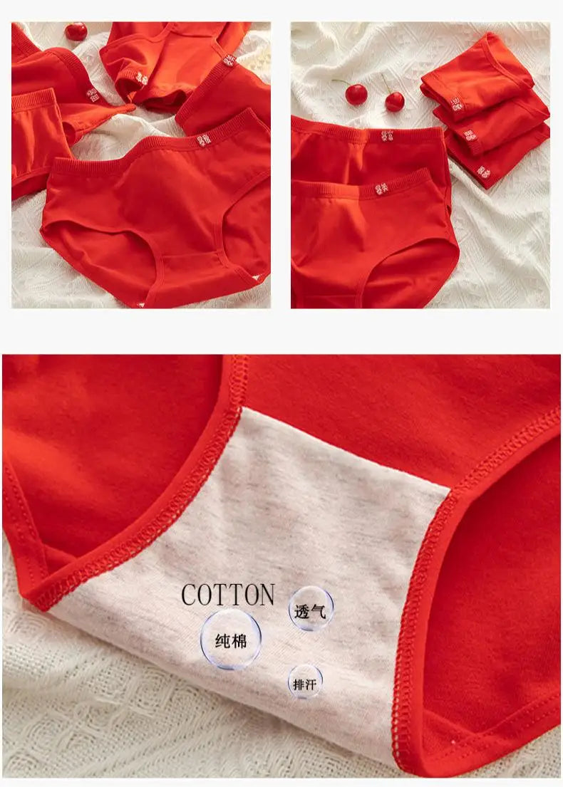 5-Piece Women's Cotton Underwear Set - Breathable Red Panties, Solid Color Sexy Intimates from Amoura Elegance