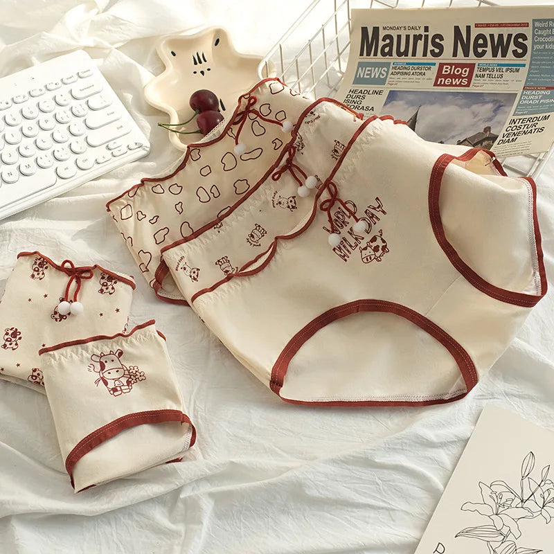 Amoura Elegance 5-Piece Women's Cute Cow Print Cotton Underwear Set - Mid-Waist, Plus-Size Lingerie Briefs
