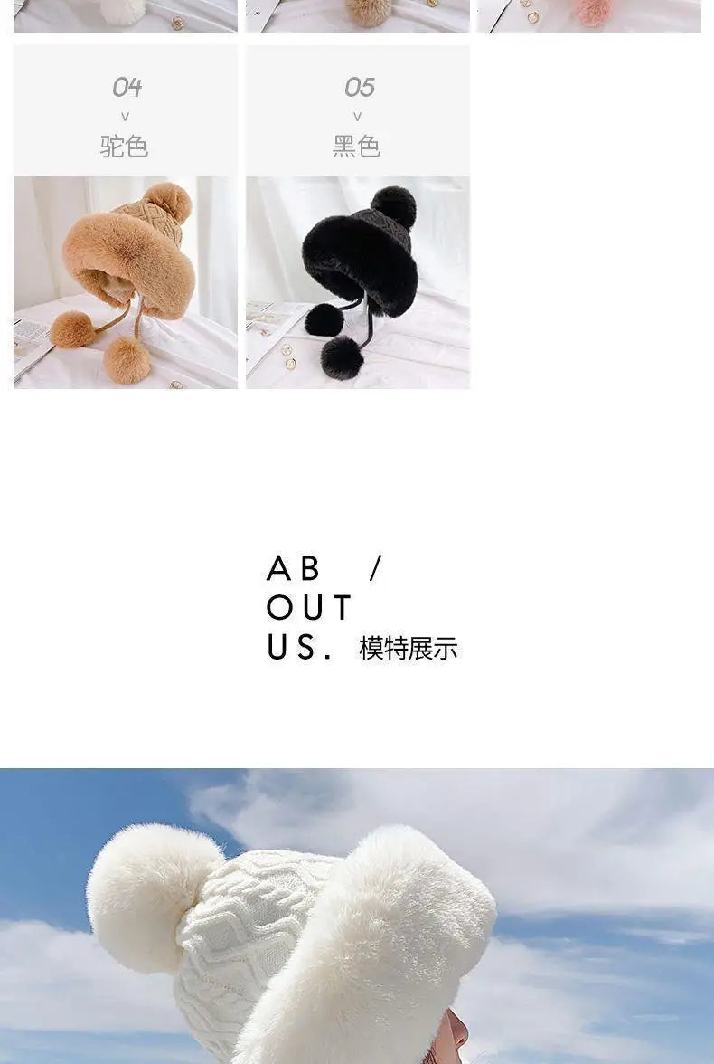 Amoura Elegance Women’s Imitation Rabbit Fur Thermal Winter Hat – Cute Thick White Plush Hat with Fluffy Ball and Earflaps