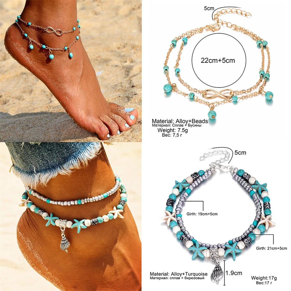 AmouraElegance FNIO Vintage Shell & Beaded Anklets for Women | Starfish & Turtle Charms | Geometric Ankle Bracelet Foot Jewelry"