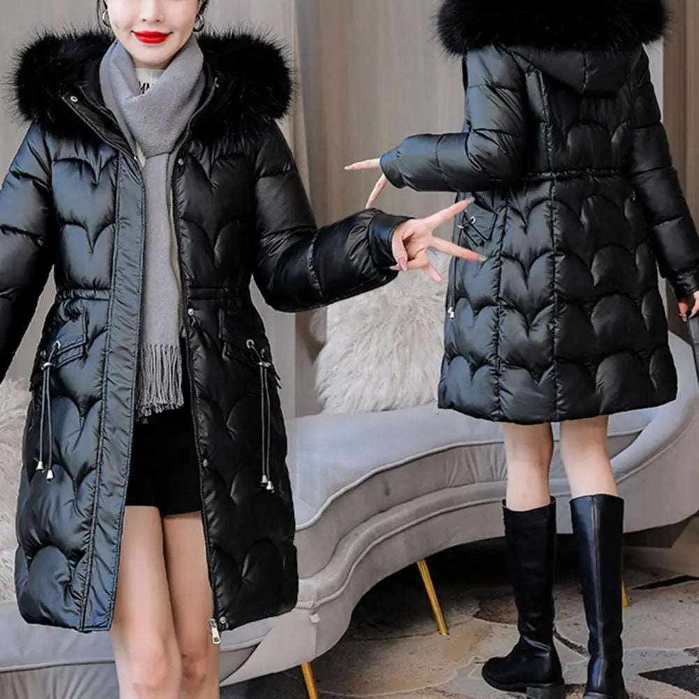 "Amoura Elegance Women's Winter Cotton Coat – Thickened Padded Faux Fur Hooded Mid-Length Slim Fit Windproof Outerwear for Cold Weather Comfort"