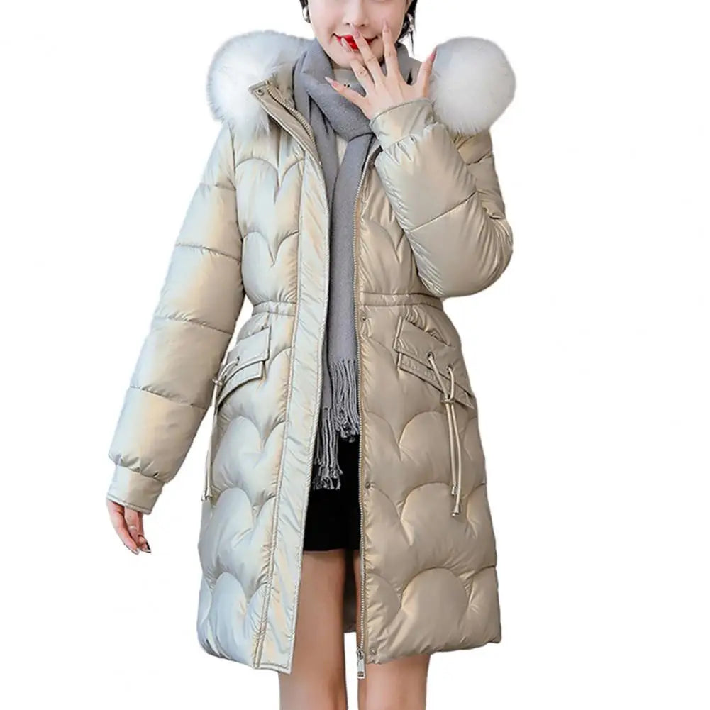 "Amoura Elegance Women's Winter Cotton Coat – Thickened Padded Faux Fur Hooded Mid-Length Slim Fit Windproof Outerwear for Cold Weather Comfort"