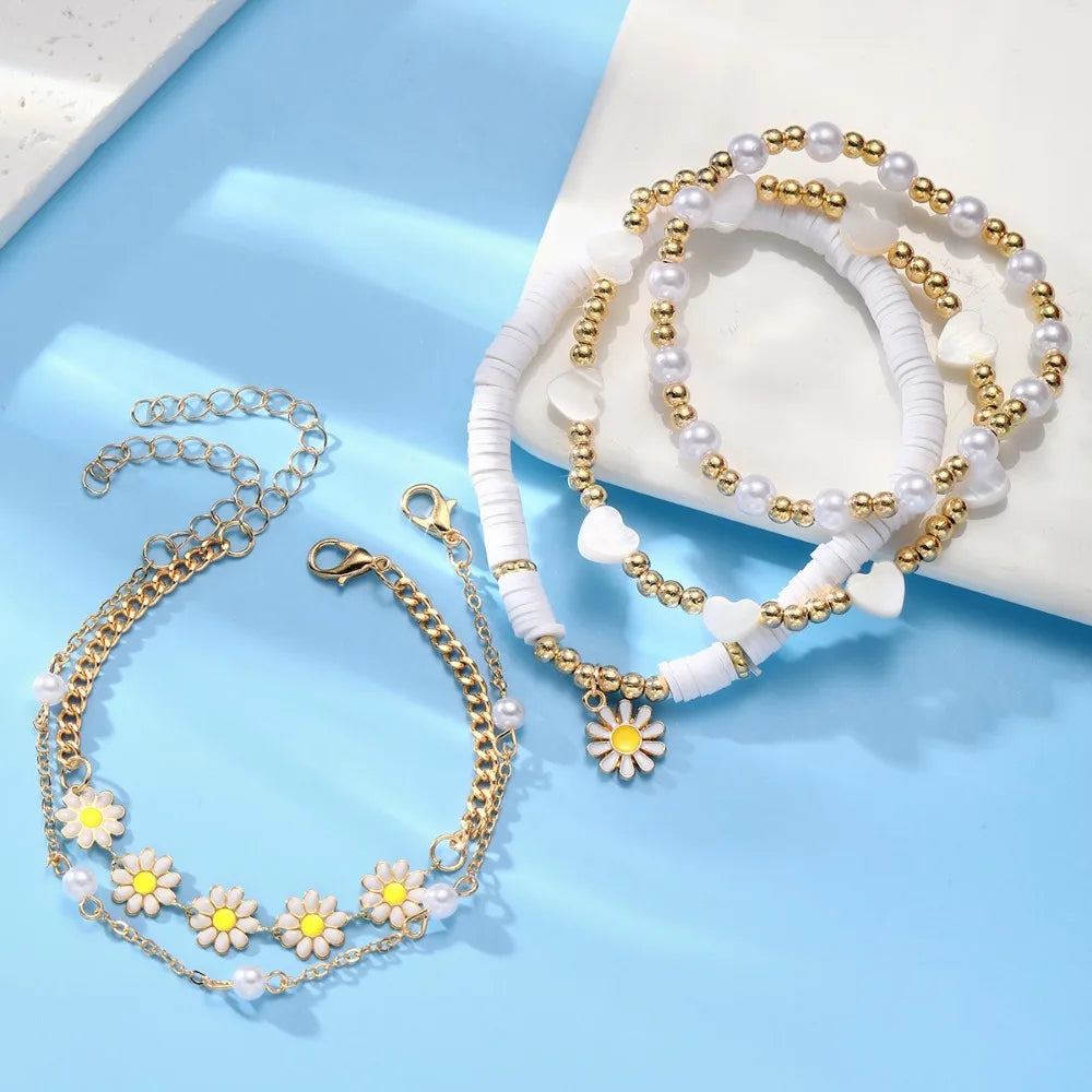 "Amoura Elegance 4-Piece Vintage Daisy Flower & Faux Pearl Bracelet Set – Bohemian Beaded Enamel Star Stackable Jewelry for Women"