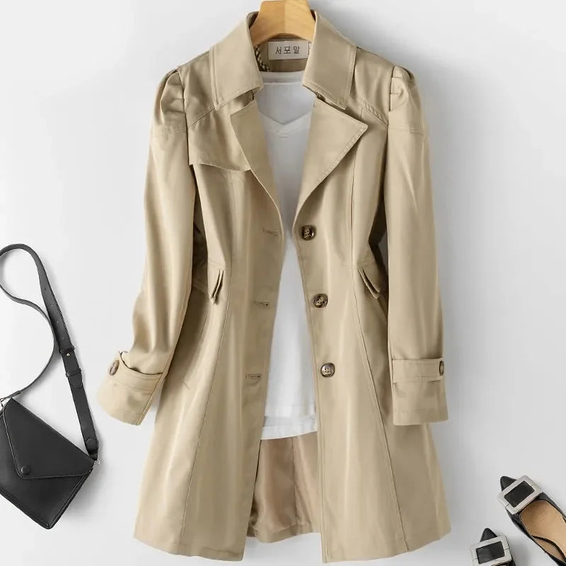 Amoura Elegance Spring Autumn Trench Coat: New 2024 Korean Mid-Long Overcoat in Khaki