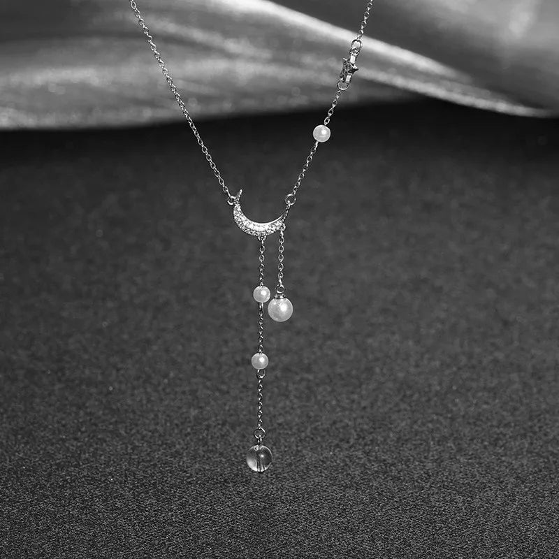 "Amoura Elegance Star Moon Imitation Pearl Tassel Chain Necklace – Light Luxury Clavicle Chain for Women, Party Jewelry"