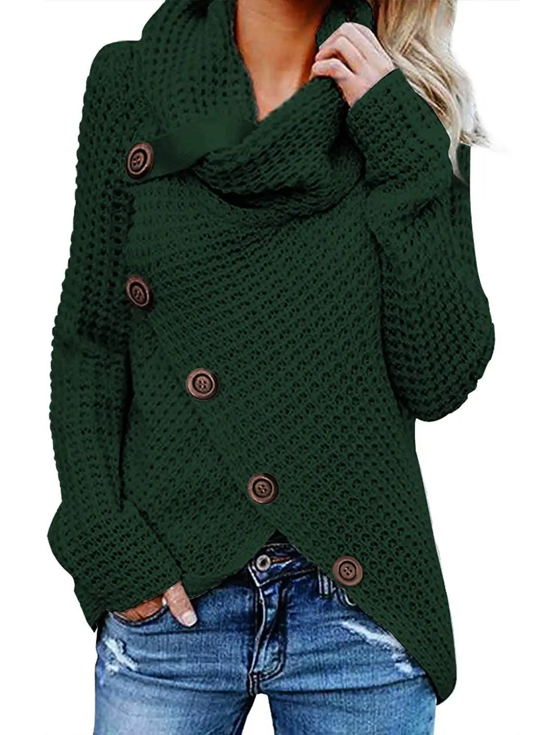 "Amoura Elegance Women's Turtleneck Knitted Sweater Autumn/Winter – Long Lantern Sleeve Five-Button Cardigan Coat, Oversized Fit S-5XL"
