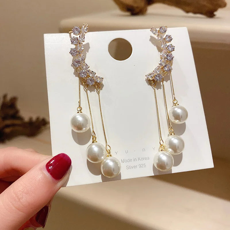 "AmouraElegance 2024 New Fashion Korean Hanging Long Tassel Drop Earrings for Women | Gold Color Zircon Wedding Jewelry Gift"