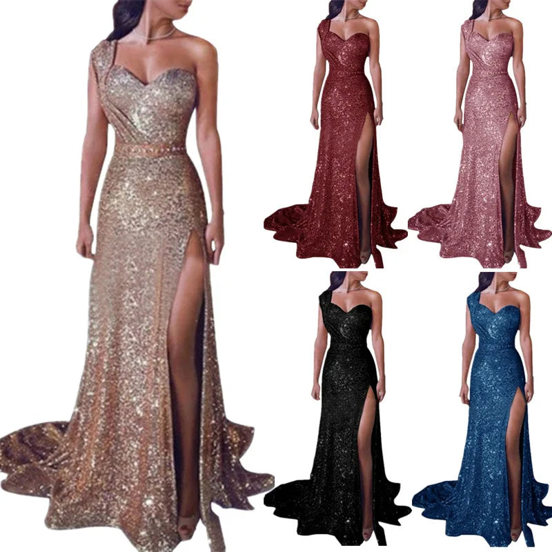 Amoura Elegance European & American Women's Sexy One-Shoulder Sleeveless Gold Slit Long Dress