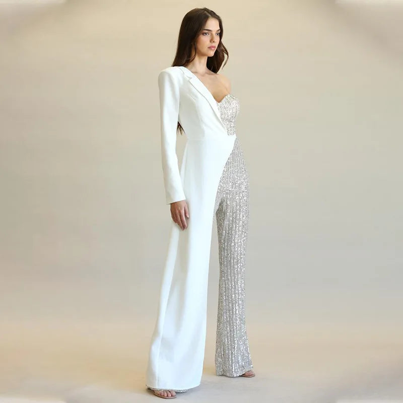 Amoura Elegance European & American Women's Silver Splicing Sequin One-Shoulder Jumpsuit – Glamorous Evening Wear
