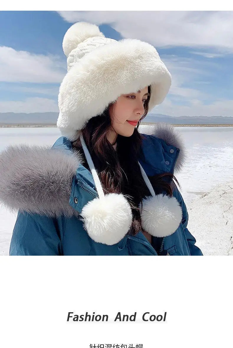 Amoura Elegance Women’s Imitation Rabbit Fur Thermal Winter Hat – Cute Thick White Plush Hat with Fluffy Ball and Earflaps