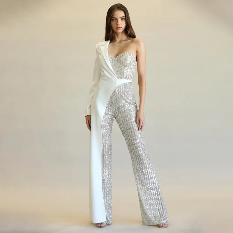 Amoura Elegance European & American Women's Silver Splicing Sequin One-Shoulder Jumpsuit – Glamorous Evening Wear