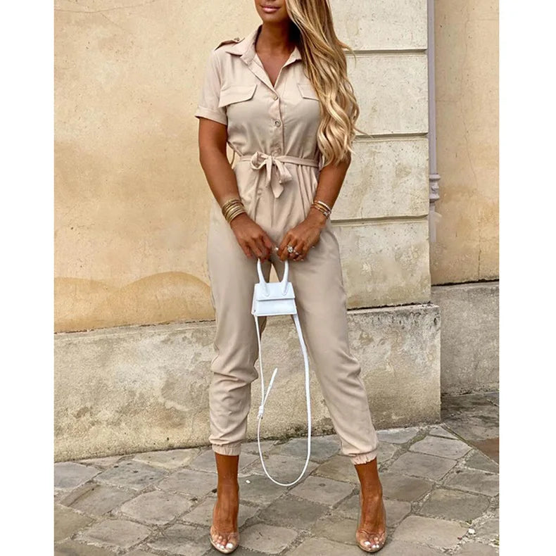 Amoura Elegance European & American Women's Casual Lapel Buckle Printed Belt Cargo Jumpsuit – Stylish Utility Fashion