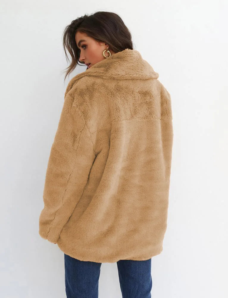 "Amoura Elegance Women's Plush Lapel Slim-Fit Jacket – European & American Fashion Sexy Autumn/Winter Outerwear for Stylish Comfort"