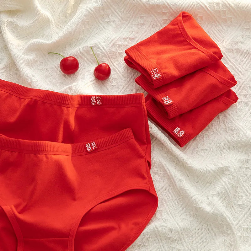 5-Piece Women's Cotton Underwear Set - Breathable Red Panties, Solid Color Sexy Intimates from Amoura Elegance