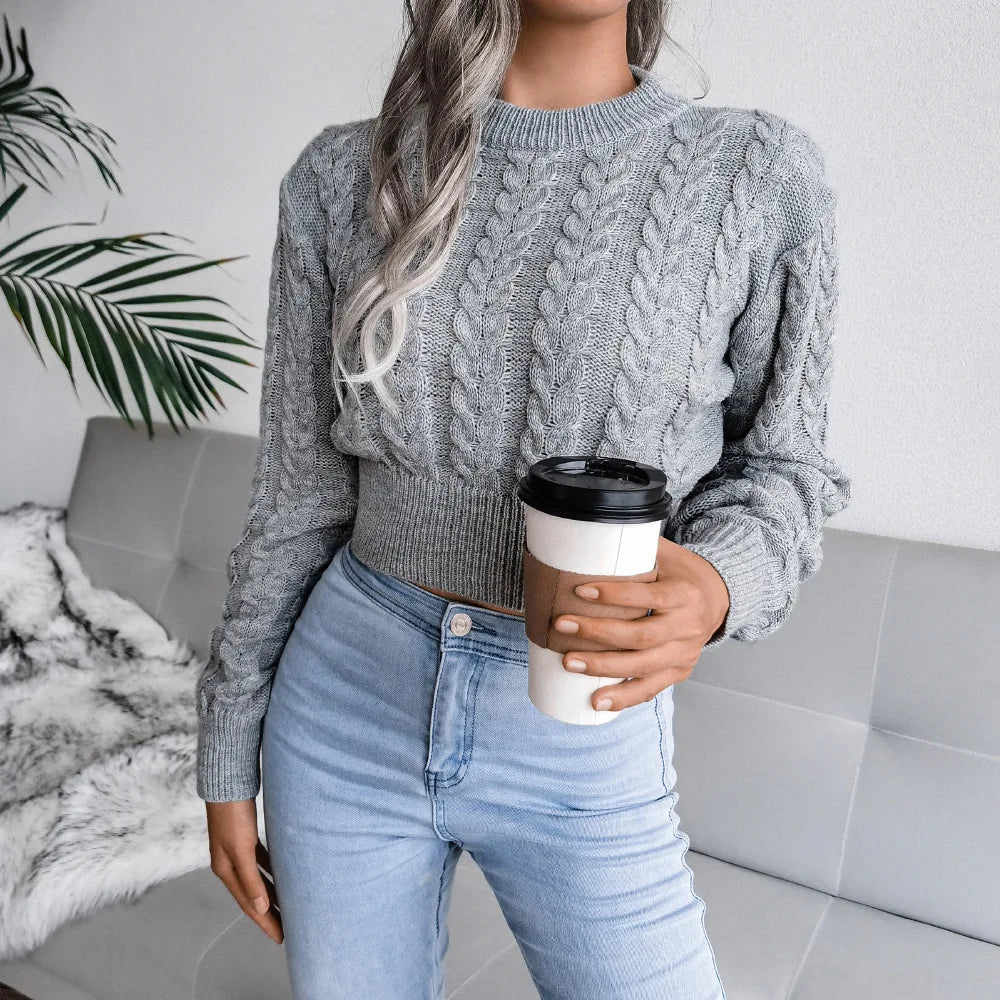 Amoura Elegance Women’s 2024 Autumn/Winter Twist Knitted Pullover – Solid Color Crew Neck, Long-Sleeve Sexy Babes Waist-Fitting Sweater
