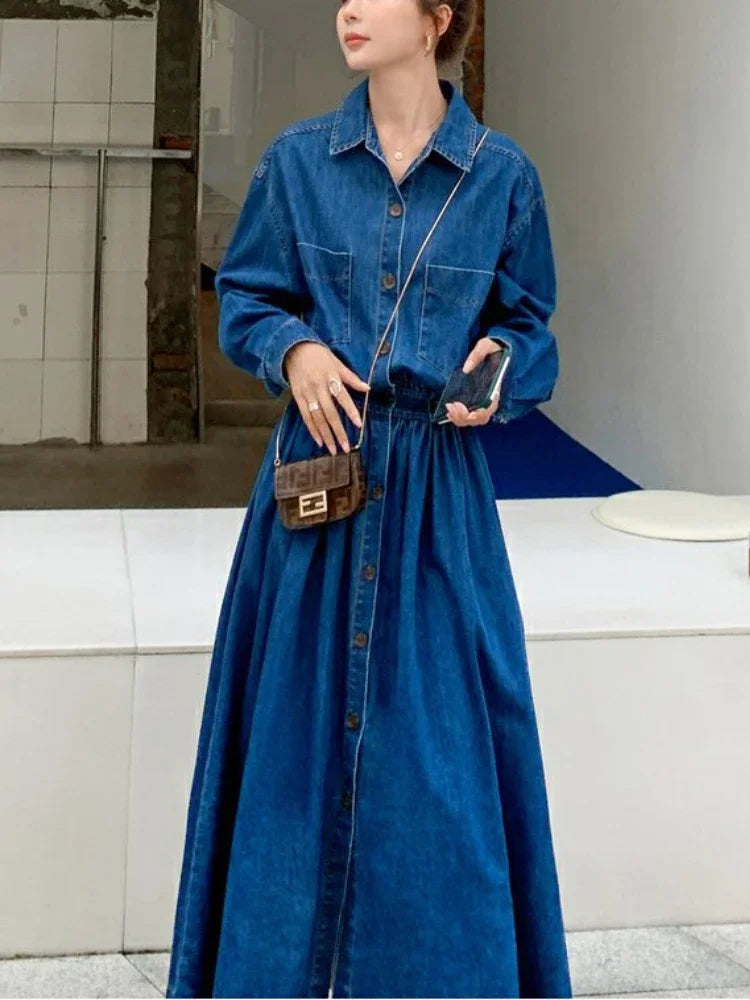 Amoura Elegance Blue Denim Vintage Long Dress – Korean Fashion Autumn Single-Breasted Loose Streetwear