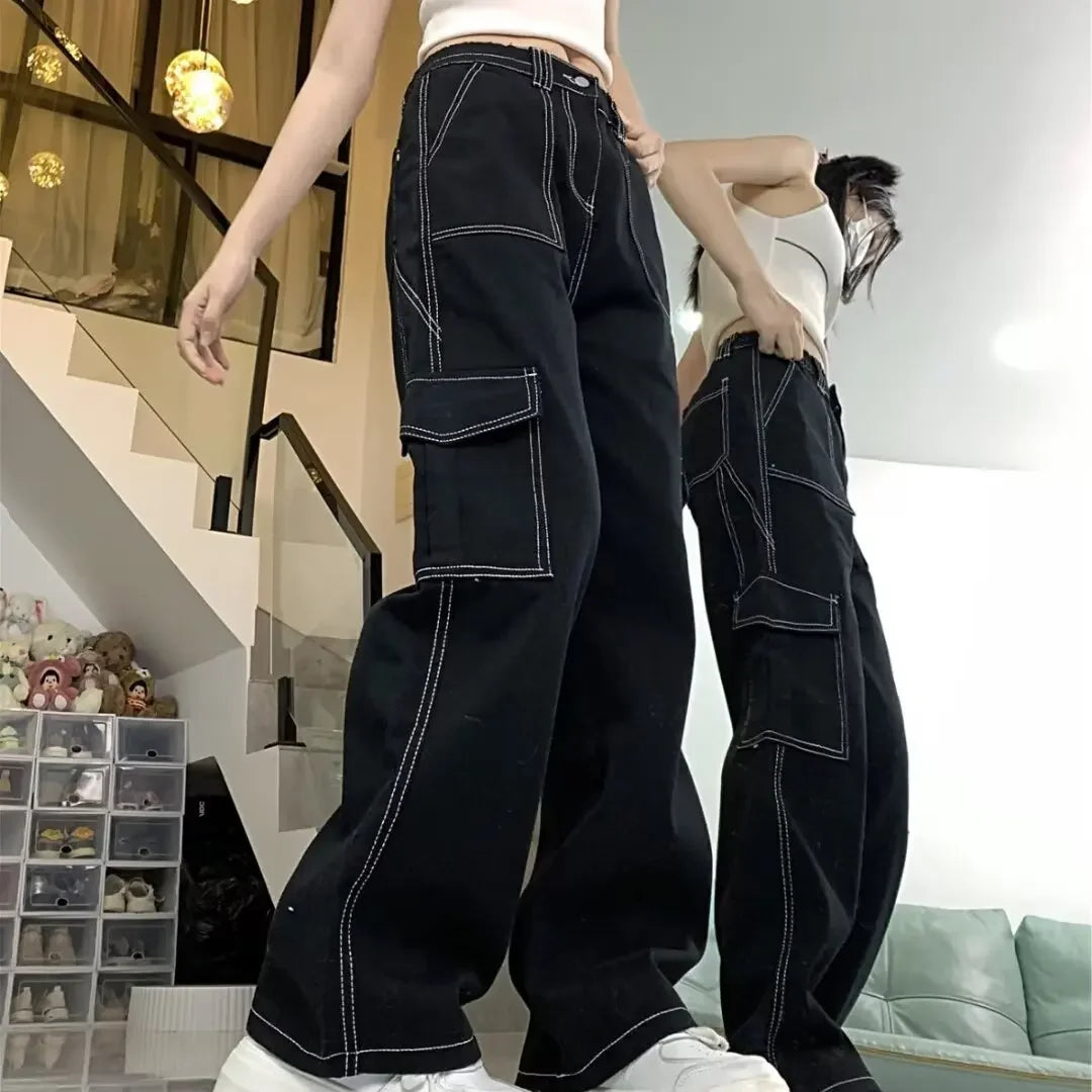 Amoura Elegance Women's 2024 Straight-Leg Loose-Fit High-Waisted Cargo Pants – Slimming, Petite-Friendly Wide-Leg Design for Spring & Autumn/Winter