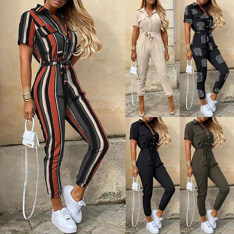 Amoura Elegance European & American Women's Casual Lapel Buckle Printed Belt Cargo Jumpsuit – Stylish Utility Fashion