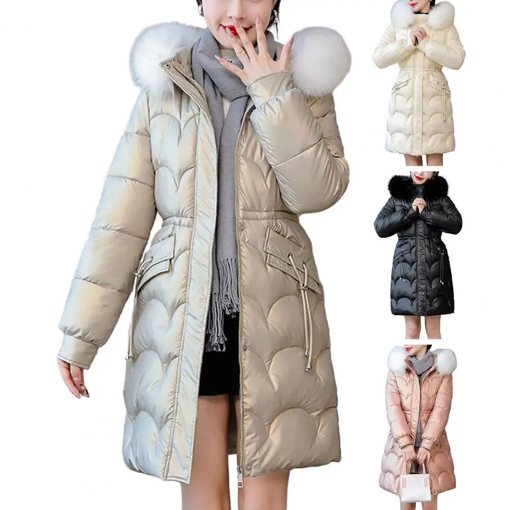 "Amoura Elegance Women's Winter Cotton Coat – Thickened Padded Faux Fur Hooded Mid-Length Slim Fit Windproof Outerwear for Cold Weather Comfort"