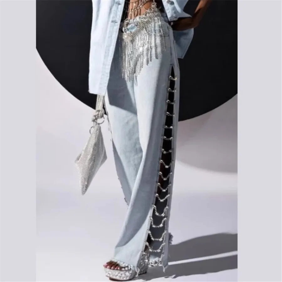 Amoura Elegance Women's Crystal Chain Y2K Wide Leg Baggy Jeans – High Waist Hollow Out Denim Trousers with Side Split