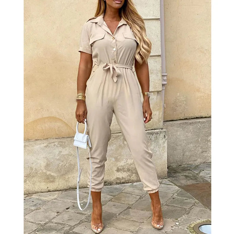 Amoura Elegance European & American Women's Casual Lapel Buckle Printed Belt Cargo Jumpsuit – Stylish Utility Fashion