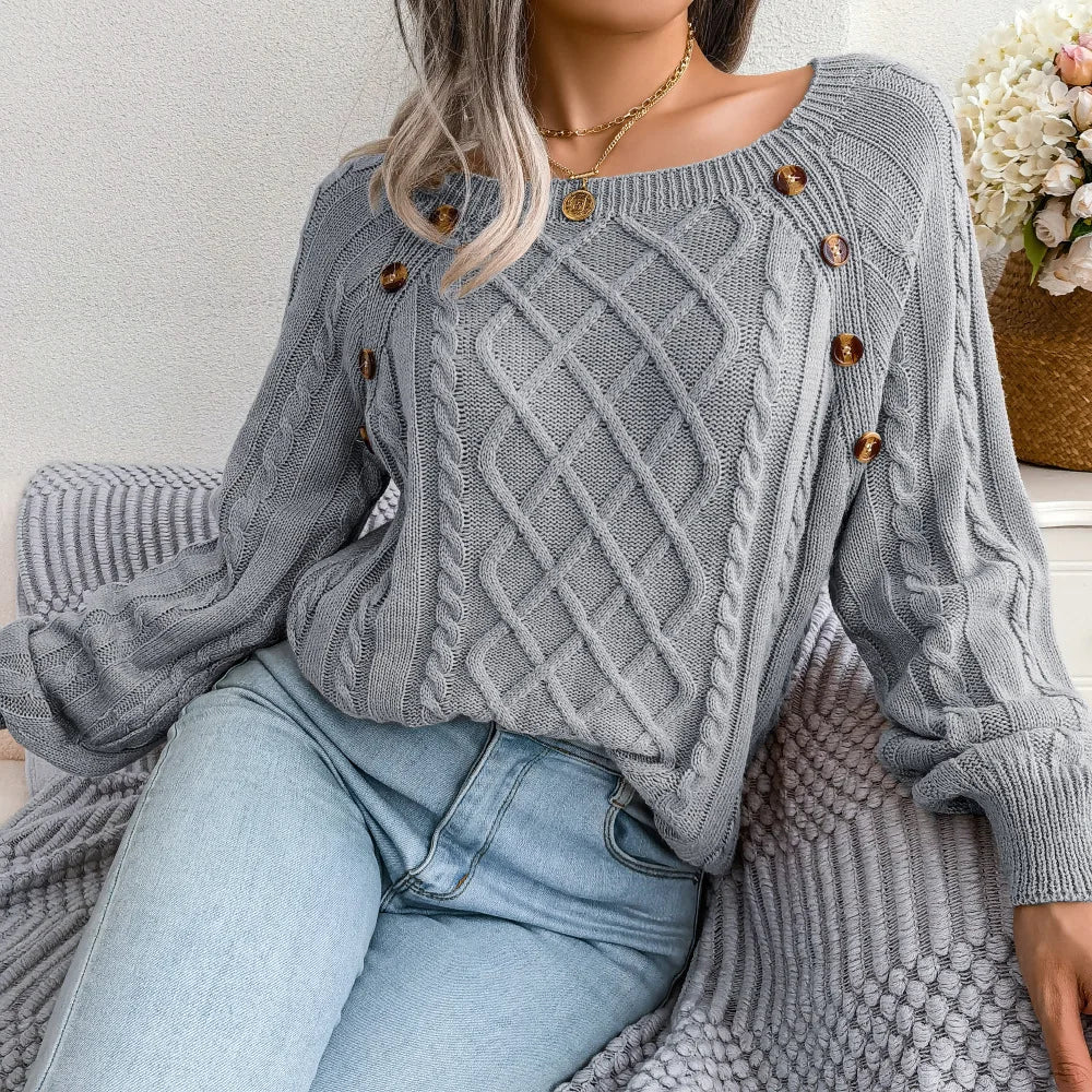 Amoura Elegance Women's 2024 Autumn/Winter Casual Square Collar Nail Buckle Twist Knitted Pullover Sweater – Chic & Cozy Knitwear