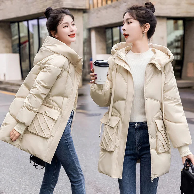 Amoura Elegance Women's 2024 Hooded Parka Winter Jacket – Thick Cotton Padded Long Warm Coat for Winter Weather