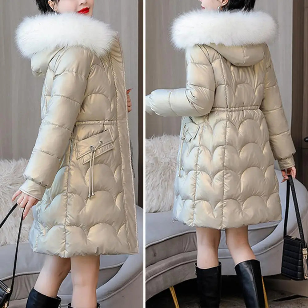 "Amoura Elegance Women's Winter Cotton Coat – Thickened Padded Faux Fur Hooded Mid-Length Slim Fit Windproof Outerwear for Cold Weather Comfort"