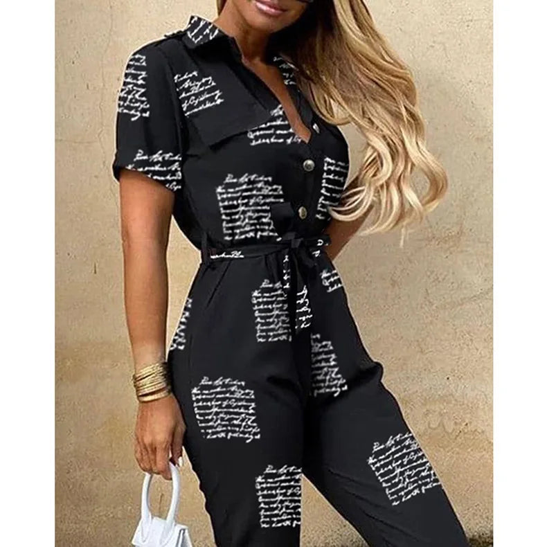 Amoura Elegance European & American Women's Casual Lapel Buckle Printed Belt Cargo Jumpsuit – Stylish Utility Fashion