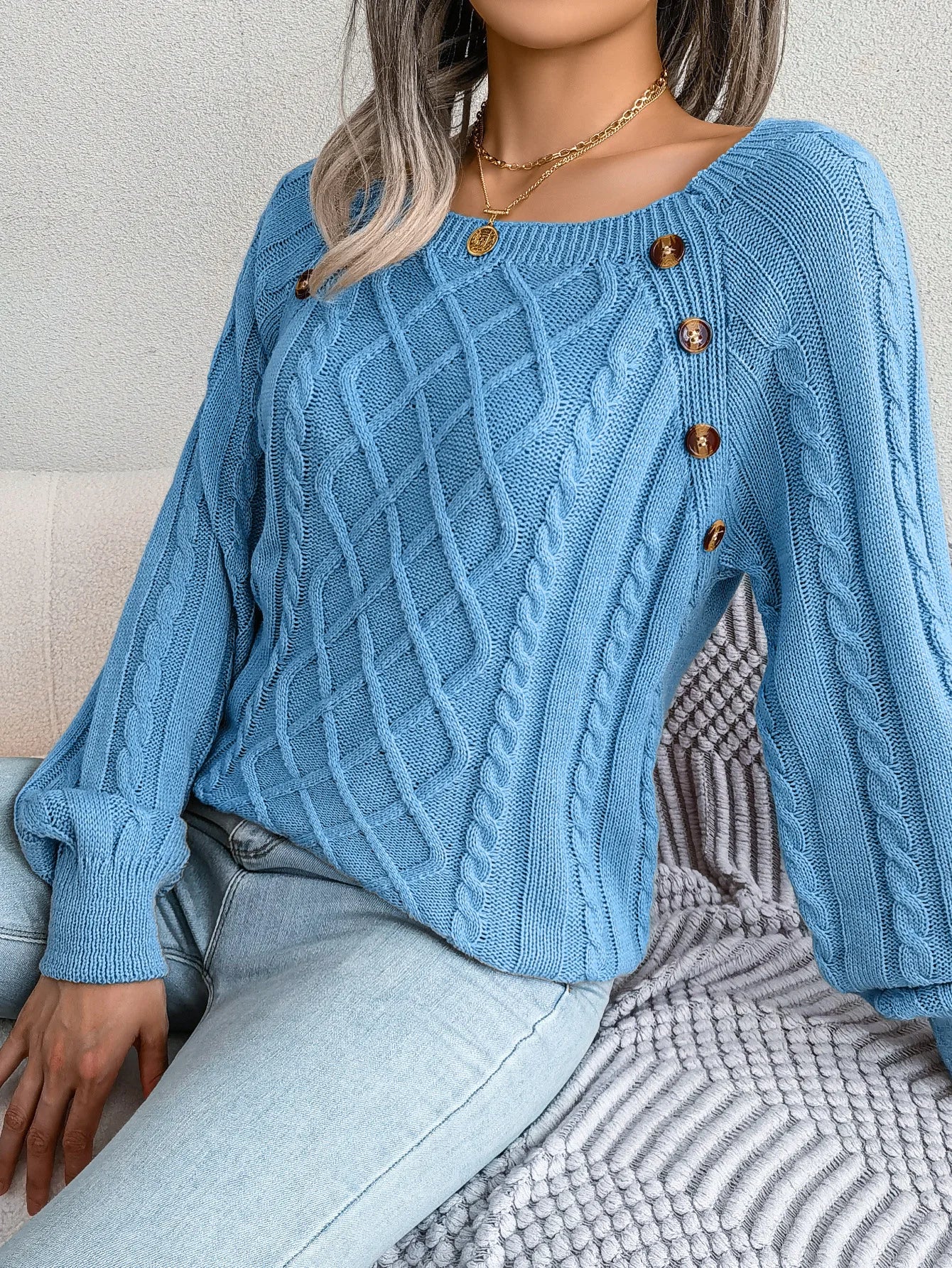 Amoura Elegance Women's 2024 Autumn/Winter Casual Square Collar Nail Buckle Twist Knitted Pullover Sweater – Chic & Cozy Knitwear
