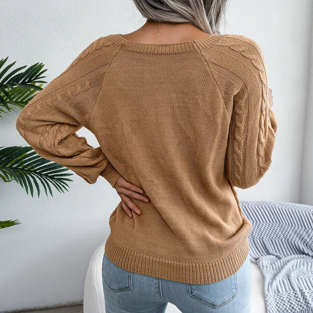 Amoura Elegance Women's 2024 Autumn/Winter Casual Square Collar Nail Buckle Twist Knitted Pullover Sweater – Chic & Cozy Knitwear