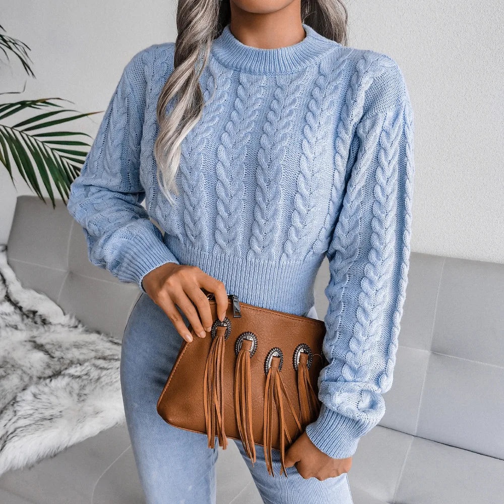 Amoura Elegance Women’s 2024 Autumn/Winter Twist Knitted Pullover – Solid Color Crew Neck, Long-Sleeve Sexy Babes Waist-Fitting Sweater