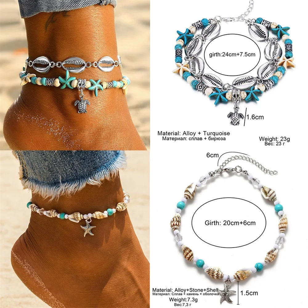 AmouraElegance FNIO Vintage Shell & Beaded Anklets for Women | Starfish & Turtle Charms | Geometric Ankle Bracelet Foot Jewelry"