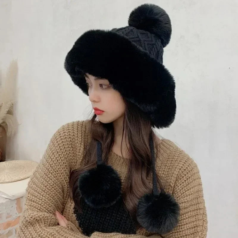 Amoura Elegance Women’s Imitation Rabbit Fur Thermal Winter Hat – Cute Thick White Plush Hat with Fluffy Ball and Earflaps