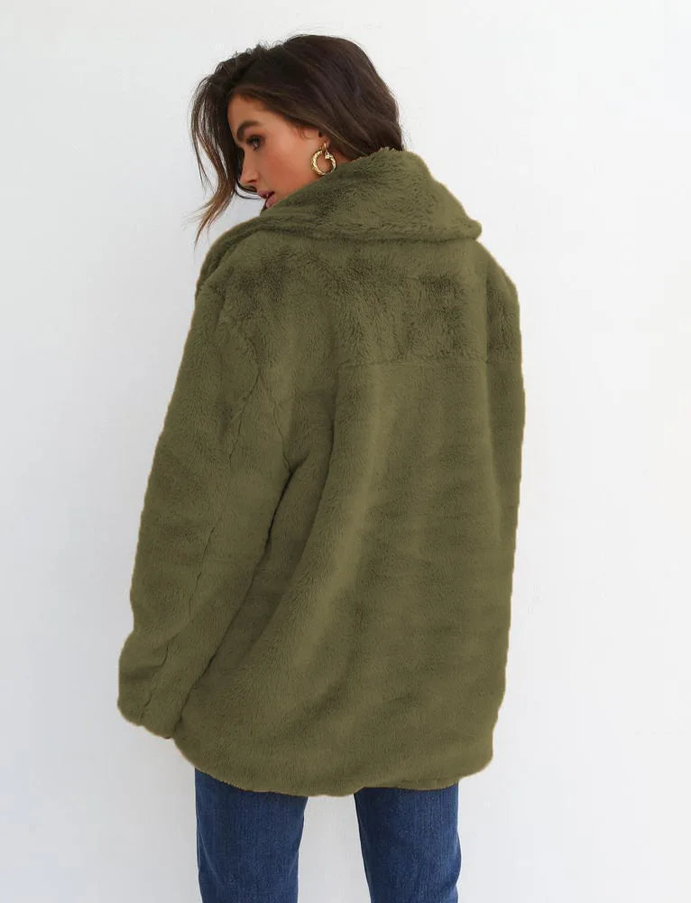 "Amoura Elegance Women's Plush Lapel Slim-Fit Jacket – European & American Fashion Sexy Autumn/Winter Outerwear for Stylish Comfort"